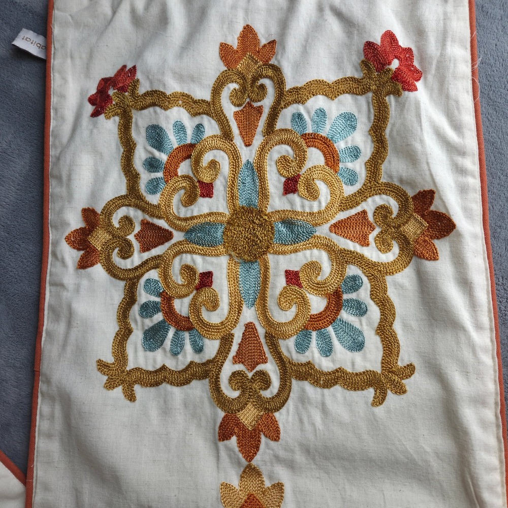 Luxehabitat Home Table Runner 13x70 Cream Embroidered Cotton Flax Floral Boho